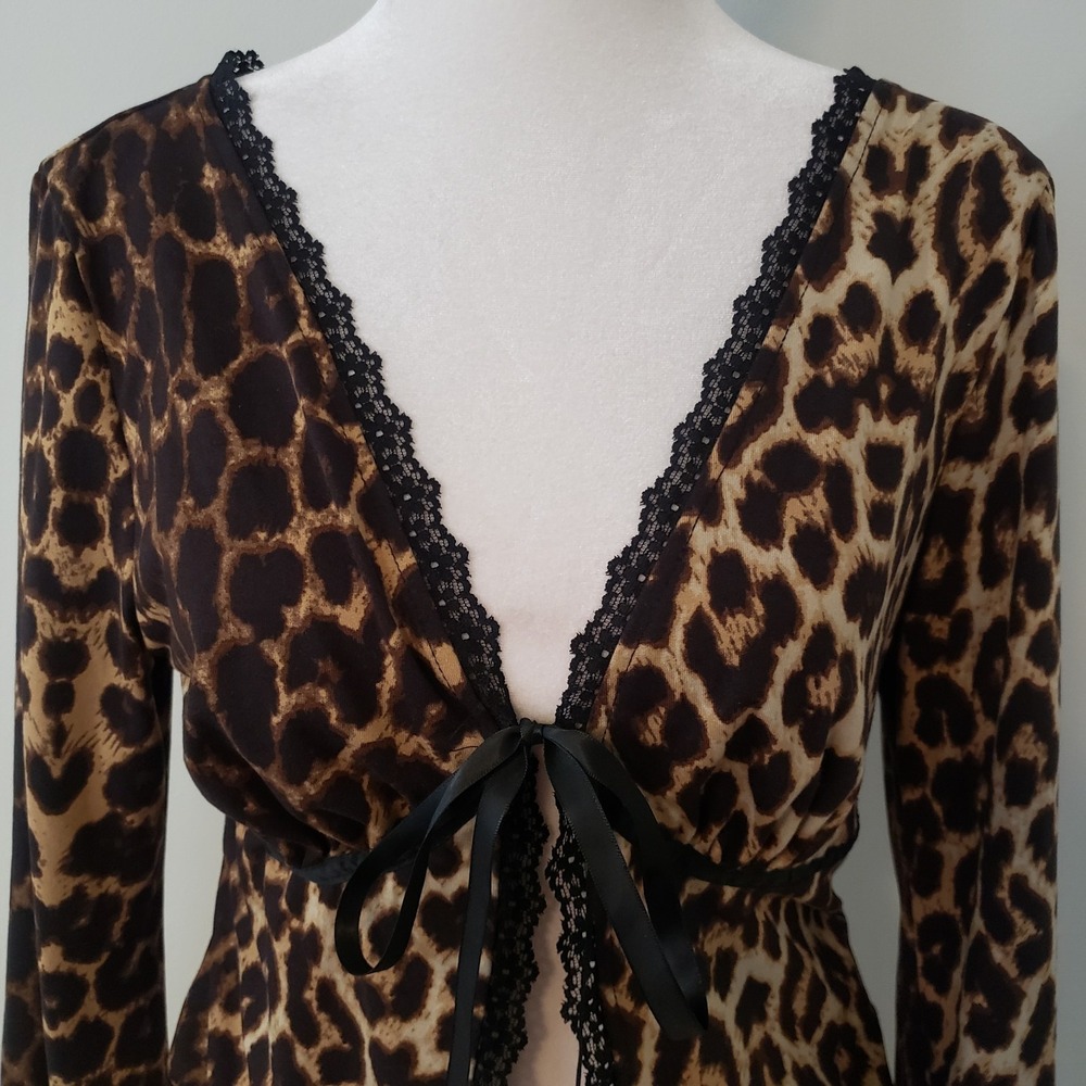 Romwe‎ Leopard Print Cropped Cardigan Boho Top LARGE Y2K Whimsigoth Flare Lace - Picture 4 of 7